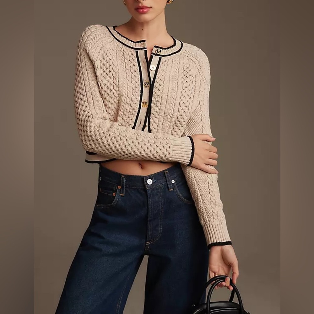 Anthropologie Mare Mare Cable Knit Cardigan Sweater Beige Cropped